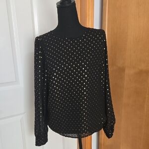 J. Crew Black Blouse with Gold Metallic Dot Print